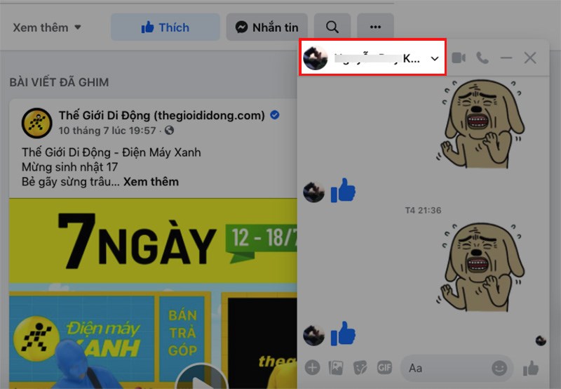 Nhấn vào tên Facebook của bạn bè trong đoạn chat Nhấn vào tên Facebook của bạn bè trong đoạn chat