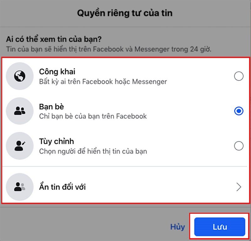 Chọn đối tượng mà bạn cho phép xem tin > Nhấn Lưu Chọn đối tượng mà bạn cho phép xem tin > Nhấn Lưu
