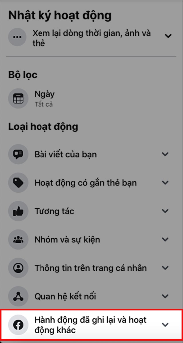Kéo xuống chọn Hành động đã ghi lại và hoạt động khác ở góc dưới bên trái Kéo xuống chọn Hành động đã ghi lại và hoạt động khác ở góc dưới bên trái
