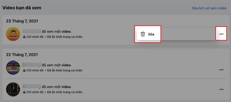 Nhấn vào biểu tượng 3 dấu chấm ở bên phải lịch sử video đã xem > Chọn Xóa Nhấn vào biểu tượng 3 dấu chấm ở bên phải lịch sử video đã xem > Chọn Xóa