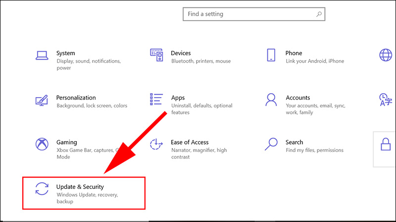 Tìm Settings > Chọn mục Update & Security