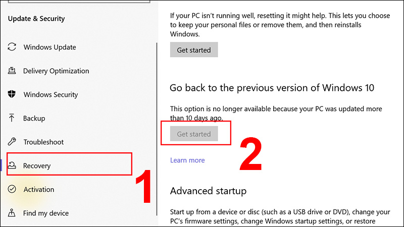 Tìm Recovery > chọn Get Started ở mục Go back to the previous version