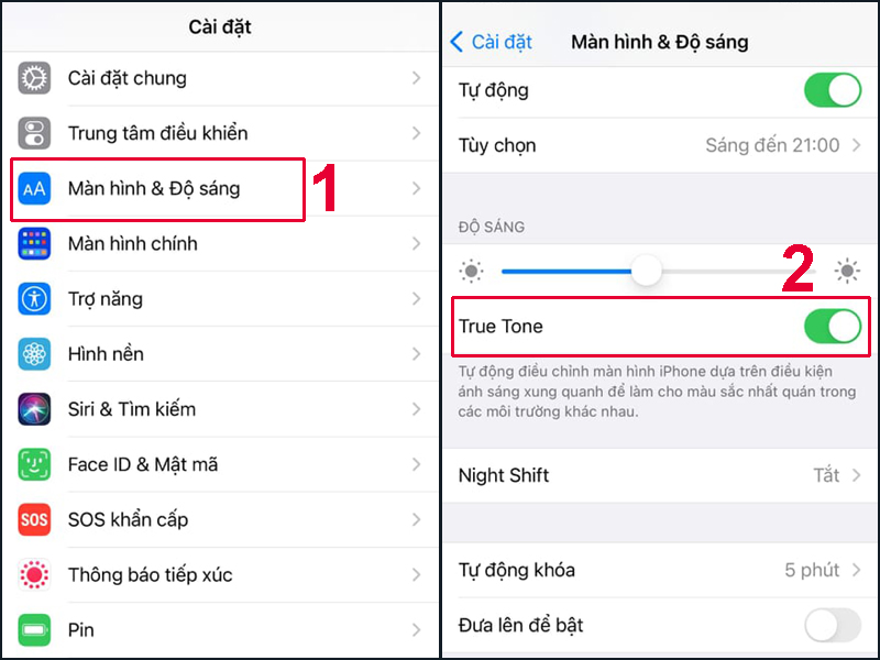 Gạt thanh trạng thái sang phải để bật chế độ, sang trái để tắt chế độ True Tone