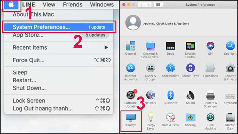 Vào System Preferences trên thanh menu và tìm Displays