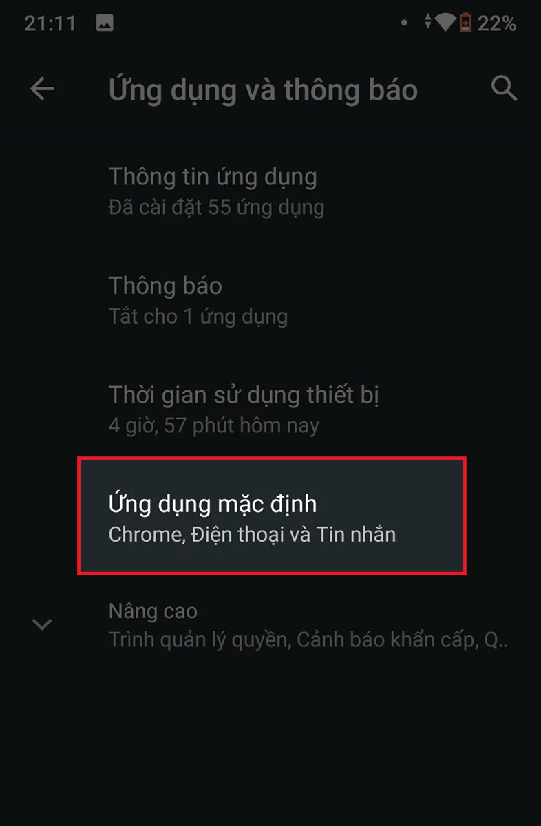 chọn mục Ứng dụng mặc định chọn mục Ứng dụng mặc định