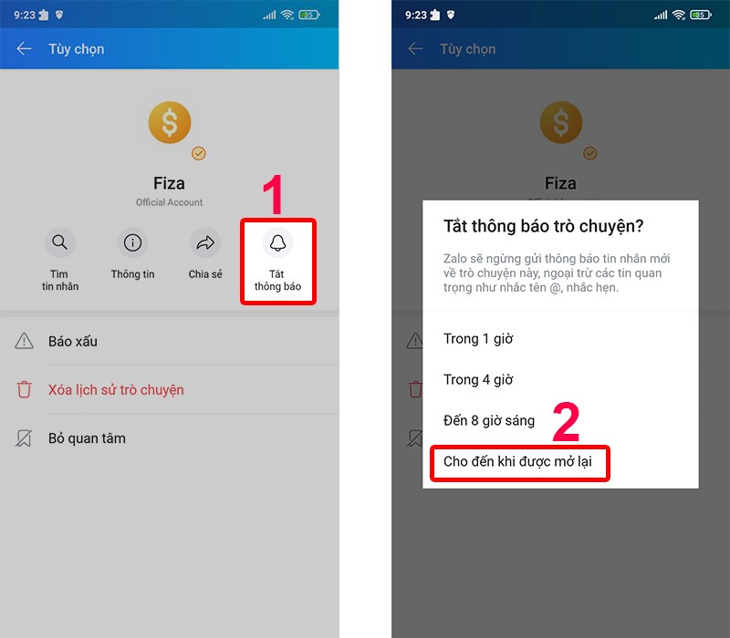 Chọn Tắt thông báo. Chọn Cho đến khi được mở lại. Chọn Tắt thông báo. Chọn Cho đến khi được mở lại.