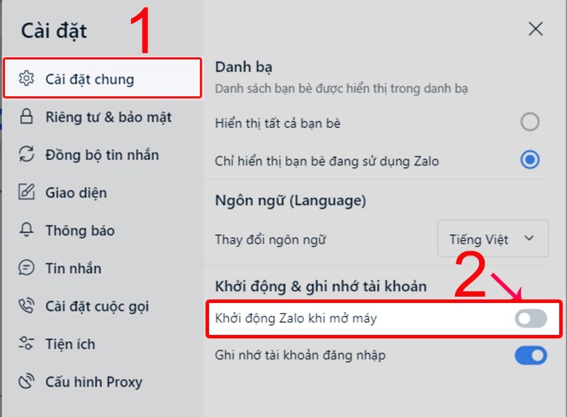 Tại Cài đặt chung, tắt tính năng Khởi động Zalo khi mở máy Tại Cài đặt chung, tắt tính năng Khởi động Zalo khi mở máy