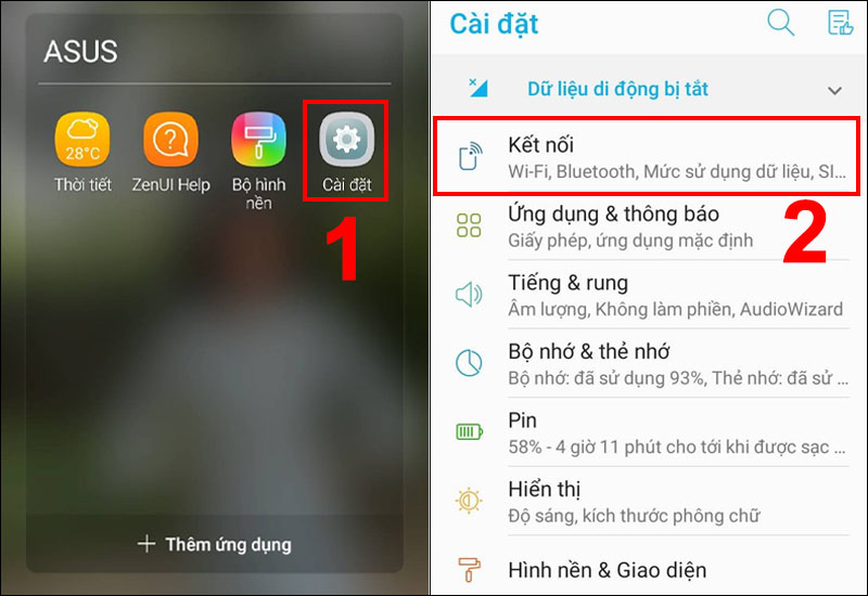 Vào Cài đặt chọn mục Kết nối