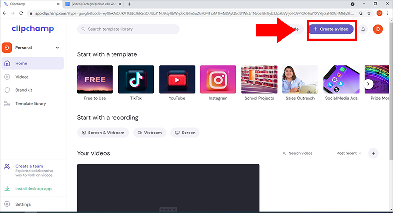 video-cach-ghep-nhac-vao-video-online-cuc-don-gian-chuyen203 Chọn Create a video để tạo video
