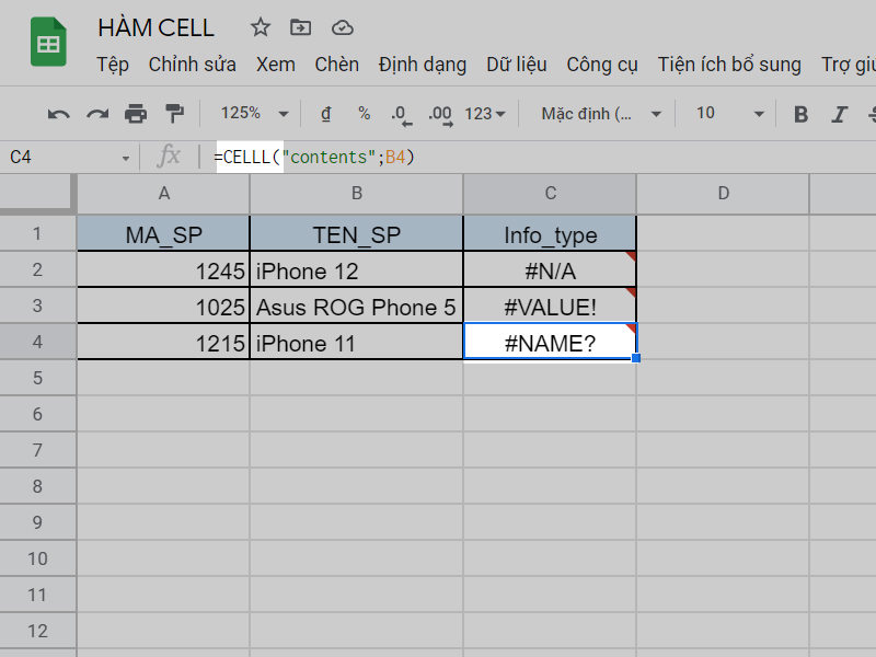 Lỗi #NAME? trong hàm CELL