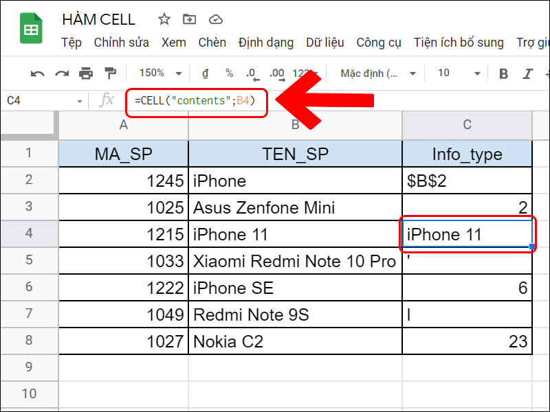 Công thức hàm CELL lấy nội dung