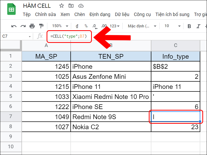 Công thức hàm CELL lấy kiểu dữ liệu