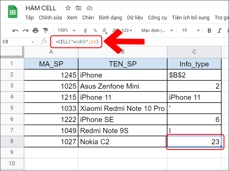 Công thức hàm CELL lấy độ rộng cột