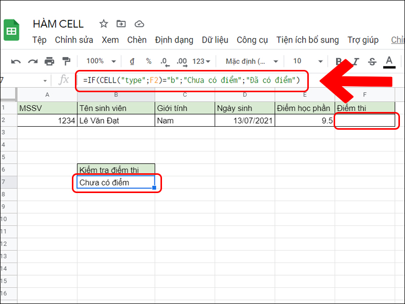 Công thức hàm CELL kết hợp hàm IF