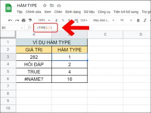 Ví dụ về hàm TYPE trong Google Sheet