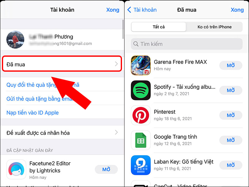 Nhấn mục Đã mua để xem lại lịch sử mua hàng
