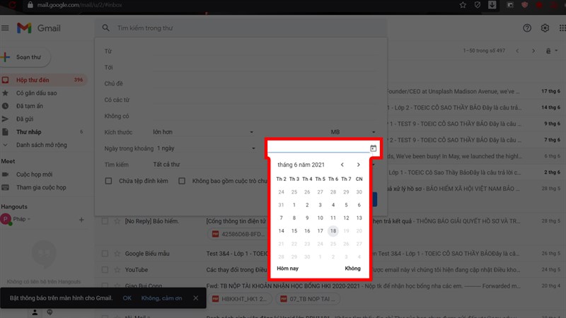 Tìm email theo ngày trên máy tính Tìm email theo ngày trên máy tính