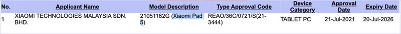 Xiaomi Mi Pad 5 được SIRIM chứng nhận Xiaomi Mi Pad 5 được SIRIM chứng nhận