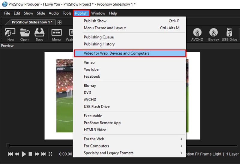 Đầu tiên bạn hãy vào Publish và chọn Video for web devices and computer. Đầu tiên bạn hãy vào Publish và chọn Video for web devices and computer.