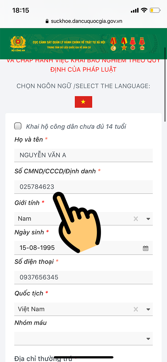 Điền các thông tin cá nhân Điền các thông tin cá nhân