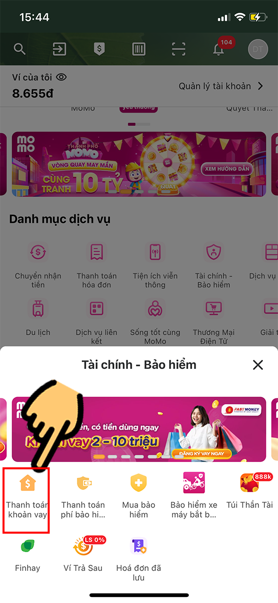 Chọn Thanh toán khoản vay Chọn Thanh toán khoản vay
