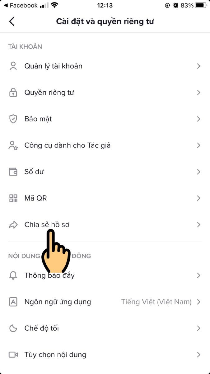 Chọn mục Chia sẻ hồ sơ Chọn mục Chia sẻ hồ sơ