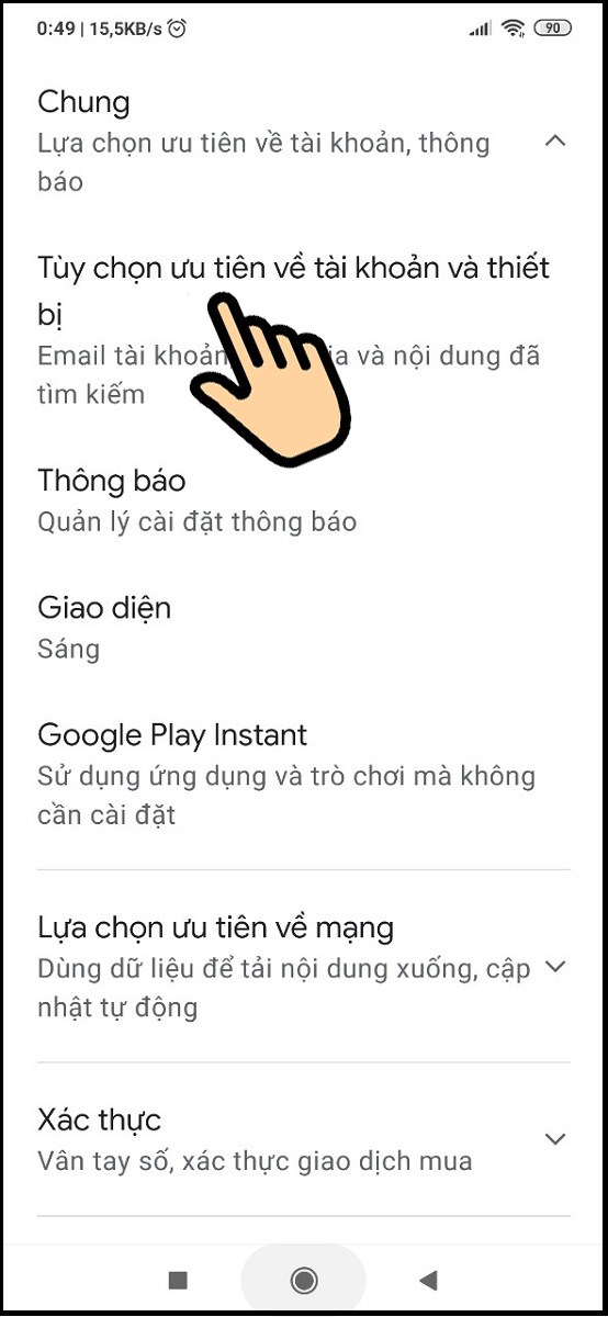Chọn Tùy chọn ưu tiên về tài khoản và thiết bị Chọn Tùy chọn ưu tiên về tài khoản và thiết bị