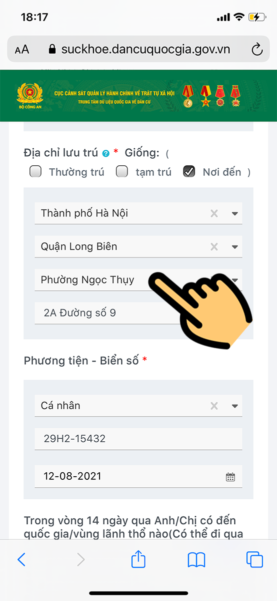 Điền địa chỉ lưu trú Điền địa chỉ lưu trú