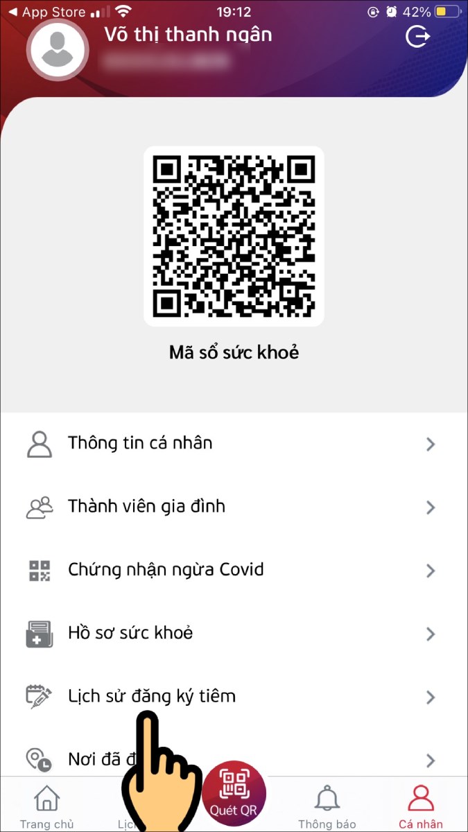 Nhấn chọn mục Lịch sử đăng ký tiêm Nhấn chọn mục Lịch sử đăng ký tiêm