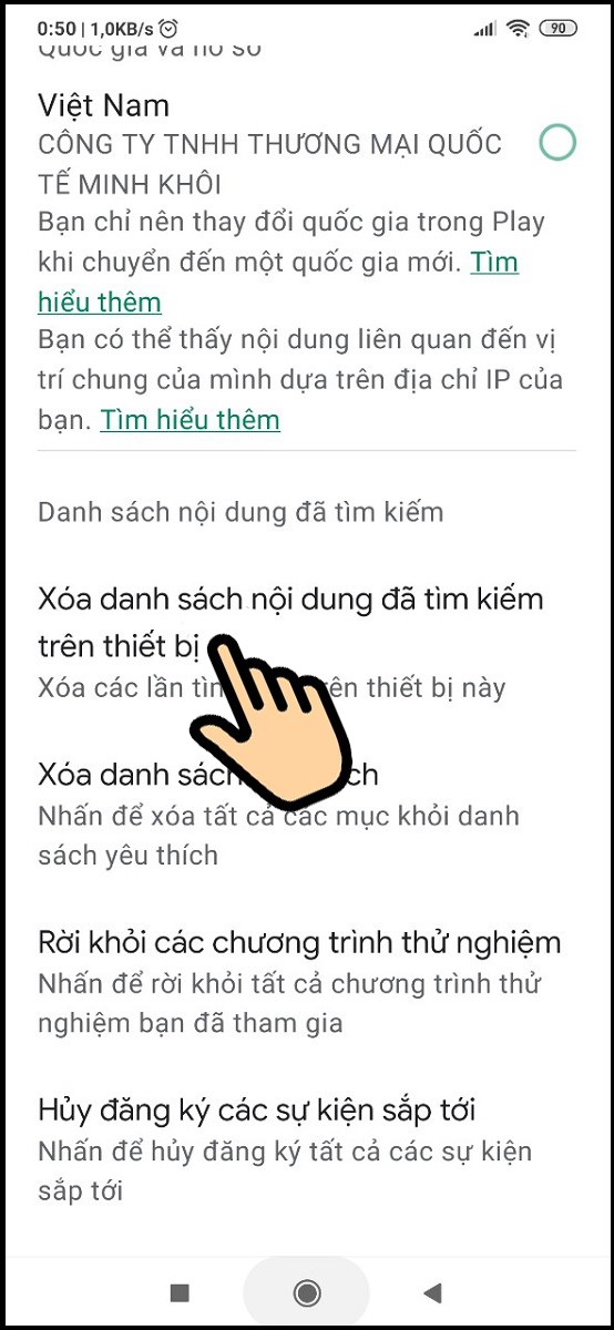 Kéo xuống chọn Xóa danh sách nội dung đã tìm kiếm trên thiết bị Kéo xuống chọn Xóa danh sách nội dung đã tìm kiếm trên thiết bị