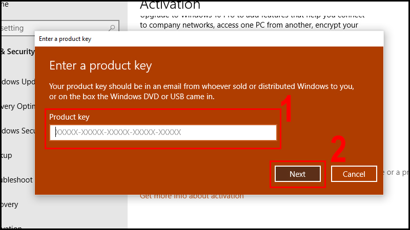 Nhập 25 ký tự số của Product Key và chọn Next
