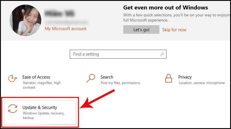 Mở Update & Security trong Settings trên máy tính