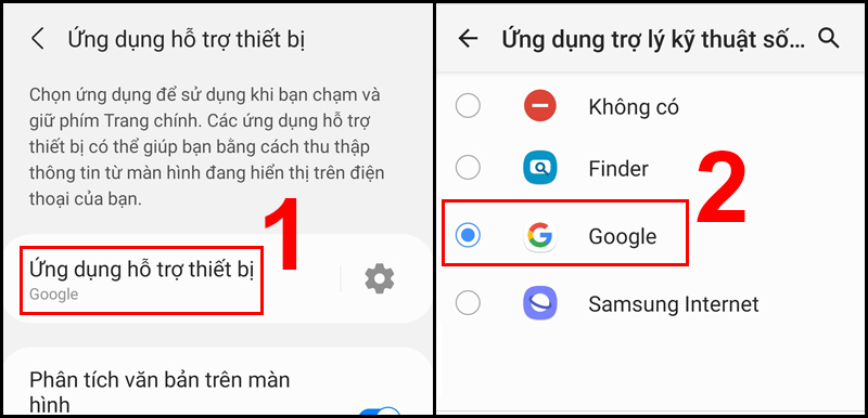 Chọn Google trong Ứng dụng hỗ trợ thiết bị