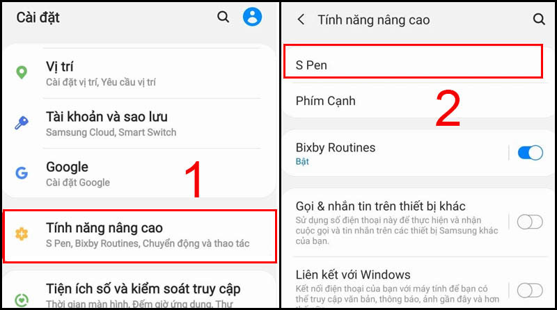 Chọn tính năng nâng cao và chọn S Pen