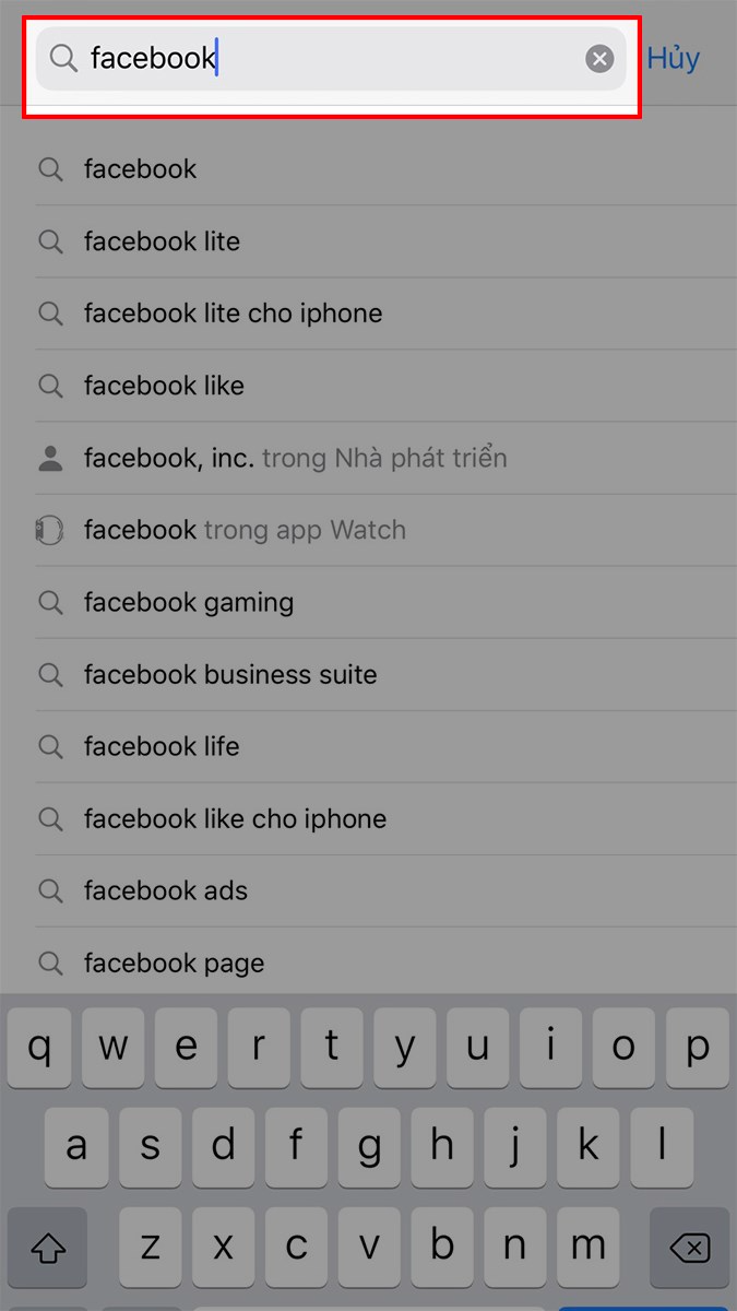 Nhấn vào khung tìm kiếm > Nhập Facebook Nhấn vào khung tìm kiếm > Nhập Facebook