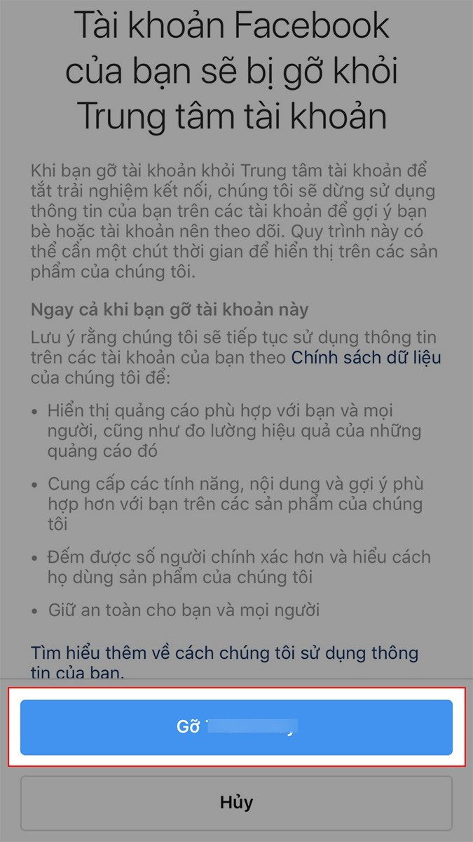 Chọn Gỡ để xác nhận hủy liên kết Chọn Gỡ để xác nhận hủy liên kết