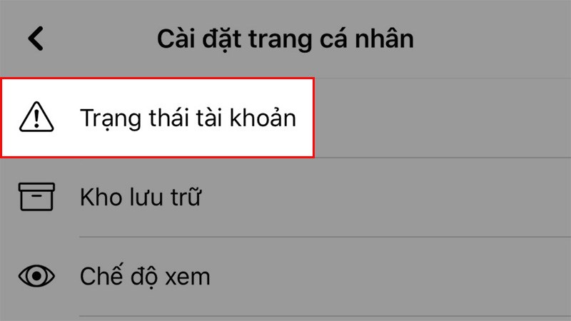 Chọn Trạng thái tài khoản để kiểm tra xem bạn có nhận được cảnh báo từ Facebook hay không Chọn Trạng thái tài khoản để kiểm tra xem bạn có nhận được cảnh báo từ Facebook hay không