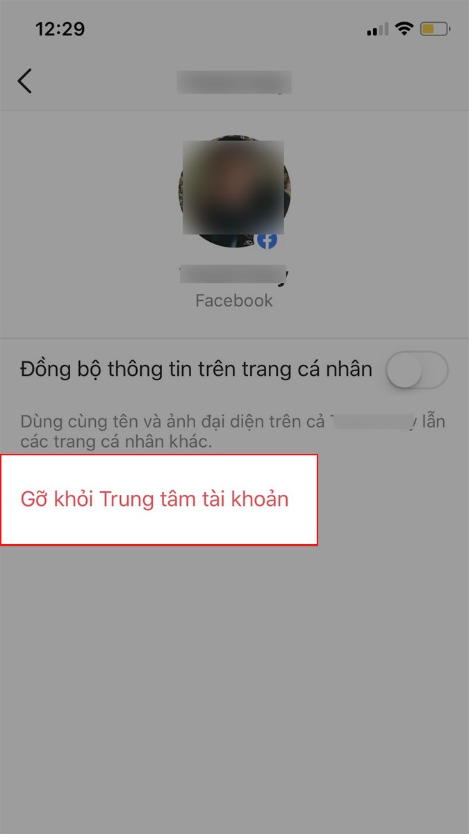 Chọn Gỡ khỏi Trung tâm tài khoản Chọn Gỡ khỏi Trung tâm tài khoản
