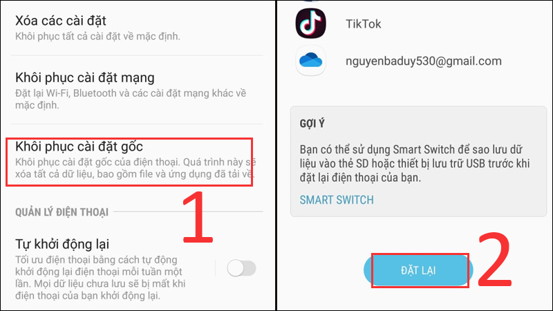 Chọn Khôi phục cài đặt gốc và chọn Đặt lại