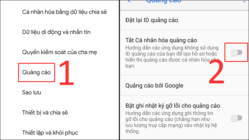 Kéo sang trái để Tắt Cá nhân hóa quảng cáo