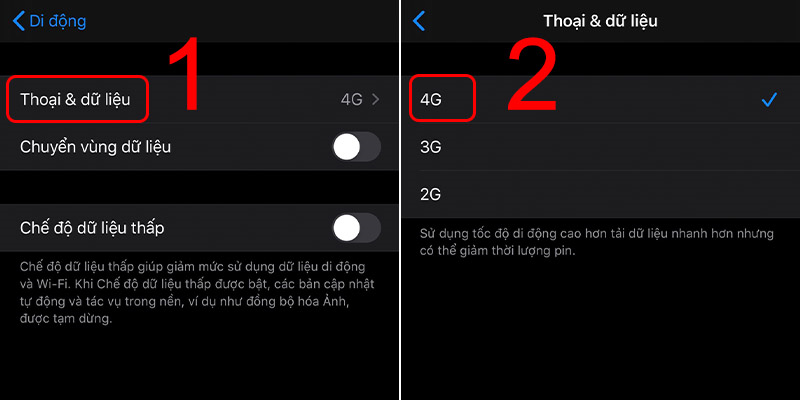 Tiếp tục chọn Thoại & dữ liệu > Tuỳ chọn 2G, 3G, 4G hoặc LTE tùy theo bạn