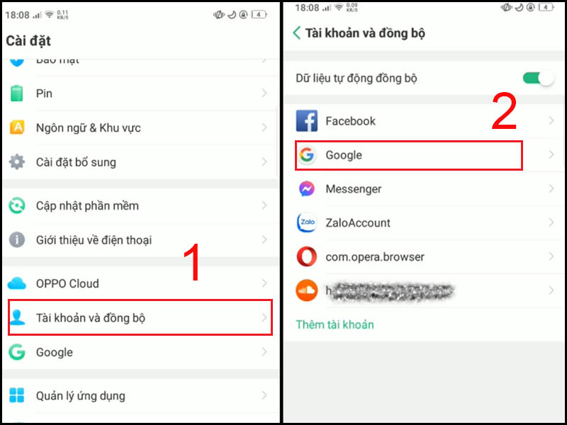 Chọn tài khoản và đồng bộ, chọn google