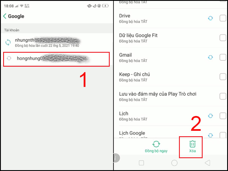 Chọn tài khoản cần xóa và nhấn xóa