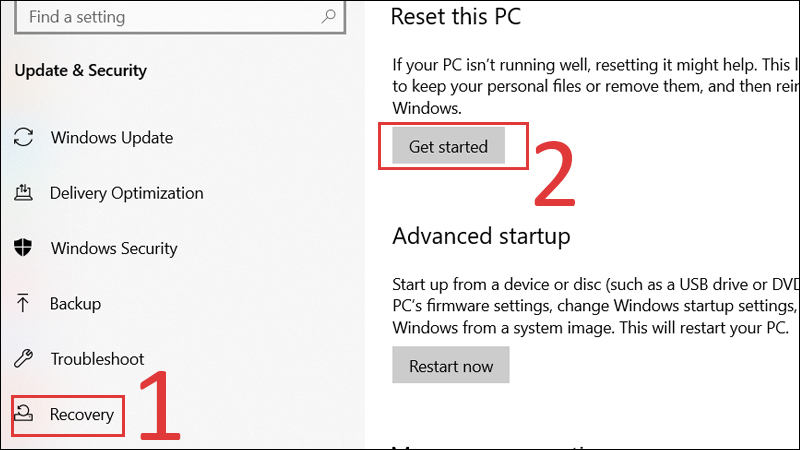 Chọn Bắt đầu (Get started) tại mục Đặt lại PC này (Reset this PC)
