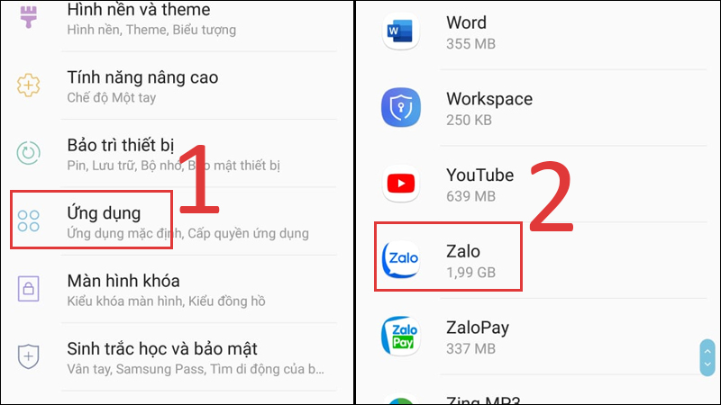 Vào Cài đặt, chọn Ứng dụng, kéo xuống dưới và tìm Zalo