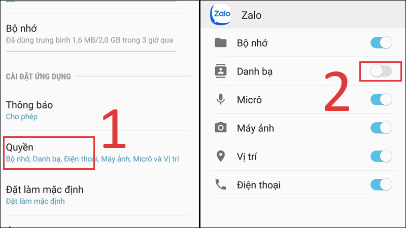 Chọn Quyền, kéo sang trái mục Danh bạ để tắt tính năng đồng bộ
