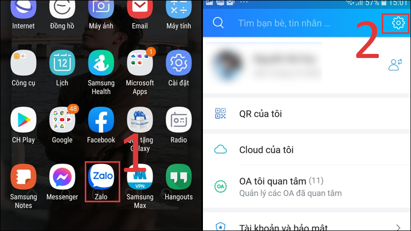 Vào Zalo, chọn vào biểu tượng bánh răng cưa