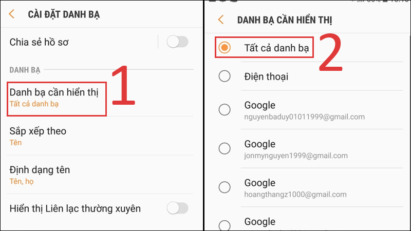 Chọn Danh bạ cần hiển thị, chọn Tất cả danh bạ