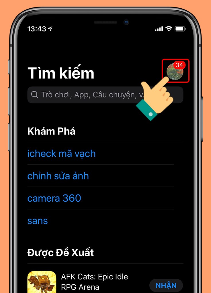 Nhấn vào biểu tượng tài khoản trong AppStore Nhấn vào biểu tượng tài khoản trong AppStore