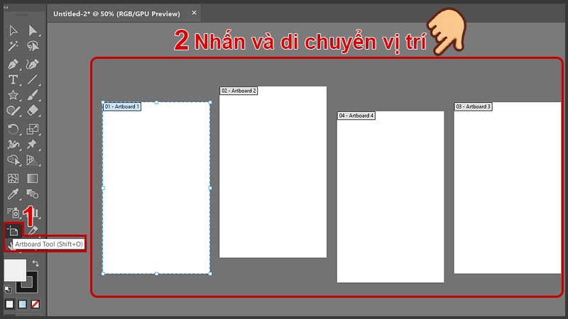 Chọn công cụ Artboard Tool nhấp chọn vào và di chuyển vị trí của các Artboard Chọn công cụ Artboard Tool